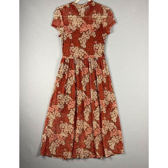 Whimsy Fairy Floral Mesh Dress Women Medium Sheer Pleated Midi Y2K Boho Peasant - Picture 13 of 16